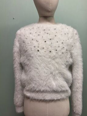 On 12th Faux-Fur Embellished White Crewneck Sweater Sz M